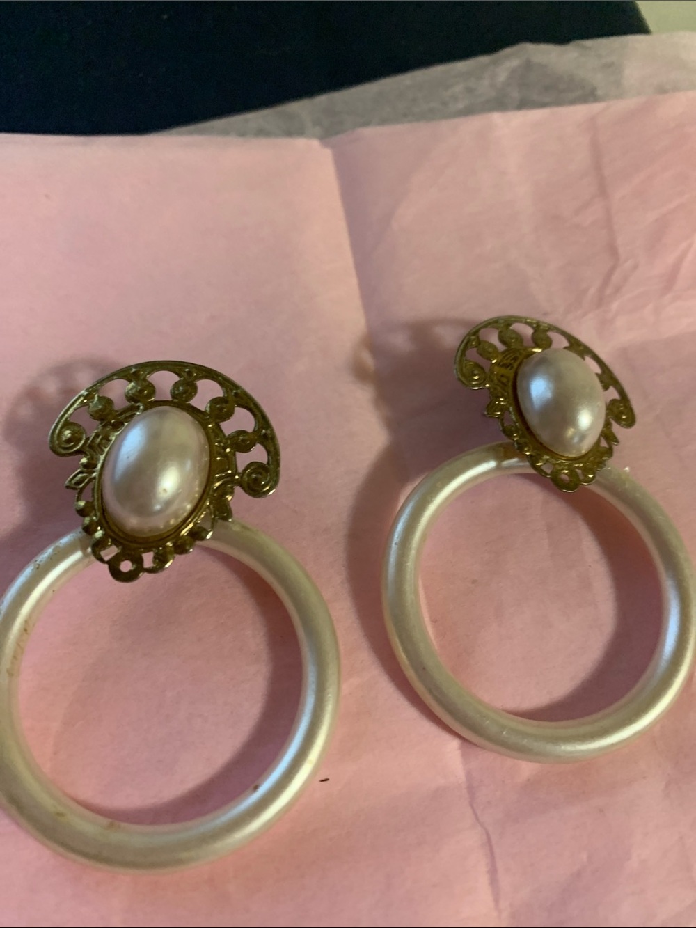 Gold-Tone Faux Pearl Cabochon Hoop Drop Earrings in Cream and Gold - Picture 4 of 6